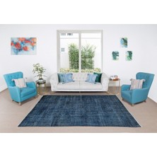 195 x 310  cm  El Dokuması Yeniden Boyanmış Eski Türk Halısı, Modern Mavi El Yapımı Yünlü Halı