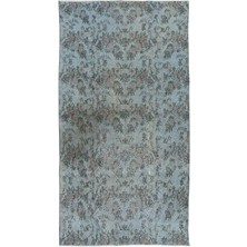 150 x 275  cm  Yeniden Boyanmış Açık Mavi El Dokuma Halı, El Yapımı Çiçek Desenli Halı