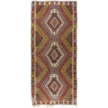 178 x 396  cm  Geometrik Desenli El Yapımı Kilim Yolluk. Düz Dokuma Koridor Kilimi