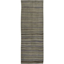 132 x 370  cm  Düz Dokuma Türk Yolluk Kilim, Eski Çizgili Yün Koridor Halısı