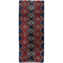 104 x 253  cm  Mavi, Kırmızı ve Açık Kahverengi El Düğümlü "tülü" Halı.  Yün. Eski Türk Halısı