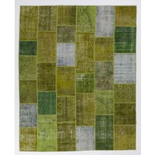 244 x 305  cm  Yeşil Tonlarda El Dokuması Patchwork, Otantik, Modern El Yapımı Peçvörk Halı