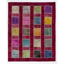 244 x 305  cm  Çok Renkli El Dokuması Patchwork Halı, Renkli Peçvörk, Modern Kırmızılı Yün Halı