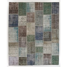 244 x 305  cm  Koyu Tonlarda El Dokuması Patchwork Halı, Çok Renkli Anadolu Halısı