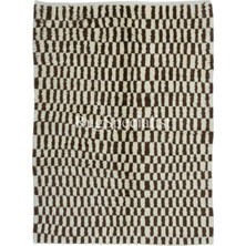 155 x 195  cm  Kahverengi ve Bej El Düğümlü Tülü Halı. Tamamı Yün. Modern Damalı Ismarlama Halı