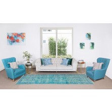 128 x 373  cm  El Dokuması Yeniden Boyanmış Eski Türk Halısı, Modern Mavi El Yapımı Yünlü Halı