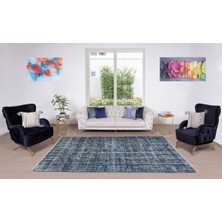 178 x 285  cm  Mavi Tonlarda Yünlü ve Pamuklu Halı, Modern El Dokuması Boyanmış Eski Türk Halısı