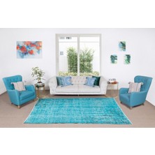 180 x 262  cm  Mavi Tonlarda Yünlü ve Pamuklu Halı, Modern El Dokuması Boyanmış Eski Türk Halısı