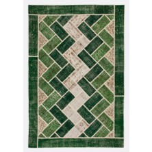 196 x 294  cm  Yeşil Tonlarda El Dokuması Modern Patchwork, Geometrik Desenli Patchwork