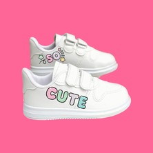 So Cute Baskılı  Beyaz Bantlı Çocuk Spor Ayakkabı Sneaker