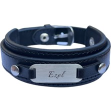 925 Ayar Gümüş Plakalı Oval Motifli Derili Erkeklere Özel Isim Bilekliği-421İsim-Siyah