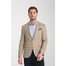 Frappoli Sanofi Erkek Bej Ekose Slim Fit Mono Yaka Spor Blazer Ceket