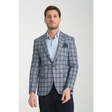Frappoli Sanofi Erkek Açık Lacivert Ekose Slim Fit Mono Yaka Spor Blazer Ceket