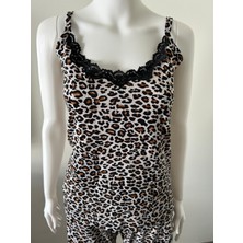 Leopar Desenli Dantelli Ip Askılı Şortlu Pijama Takımı