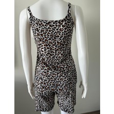 Leopar Desenli Dantelli Ip Askılı Şortlu Pijama Takımı