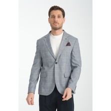 Frappoli Mendey Erkek Koyu Lacivert Ekose Keten Görünümlü  Slim Fit Spor Blazer Ceket