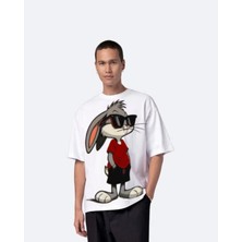 Tarz Cool Unisex Bugs Bunny Baskılı Bisiklet Yaka Oversize T-Shirt