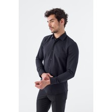 Jakamen Siyah Slim Fit İtalyan Yaka Uzun Kol Klasik Kravatlık Pamuklu Gömlek