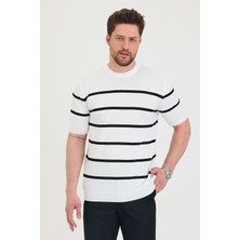 Cool Tarz Erkek Bisiklet Yaka Kalın Çizgi Detaylı Kısa Kollu Ince Triko T-Shirt