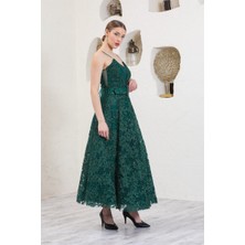 Livanomi Kemerli Askılı Yeşil  Baskılı Tül  Abiye Elbise