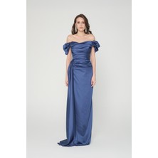 Livanomi Indigo  Drapeli Yırtmaçlı Abiye Elbise
