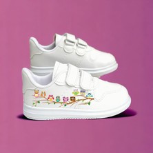 Baykuşlar Baskılı Beyaz Bantlı Çocuk Spor Ayakkabı Sneaker