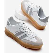 Beyaz Gri Kalın Termo Taban Yanı Şeritli Bağcıklı Spor Ayakkabı