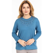 Yeni Model Taş Işlemeli Yuvarlak Yaka Likralı Anne Penye Bluz 6420