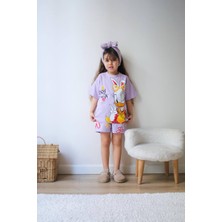 Starry Couture Kız Çocuk Lila Karakter Baskılı Tişört Şort Takımı