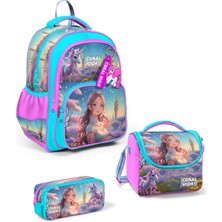 Coral High Kids Turkuaz Pembe Anime Kız Desenli 3’lü Okul Çanta Seti SET0114420