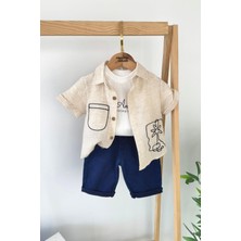 Miniğimin Cicileri Keten Pamuk Gömlekli Palmiye Desenli Erkek Çocuk Şortlu 3 lü takım - Lacivert