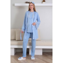 Bebe Mavi Renk Erdeniz 3433 Kısa Kol Dantel Detaylı 3 Lü ve Sabahlıklı Hamile Pijama Takımı