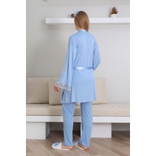Bebe Mavi Renk Erdeniz 3433 Kısa Kol Dantel Detaylı 3 Lü ve Sabahlıklı Hamile Pijama Takımı