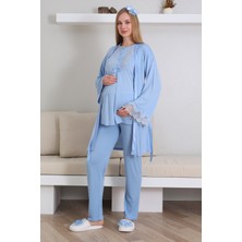 Bebe Mavi Renk Erdeniz 3433 Kısa Kol Dantel Detaylı 3 Lü ve Sabahlıklı Hamile Pijama Takımı