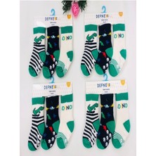 Kıpırık Baby3 Çift Havlu Pamuklu Kaydırmaz Taban Kışlık Dinazor Desenli Erkek  Çocuk ve Bebek Soket Çorap