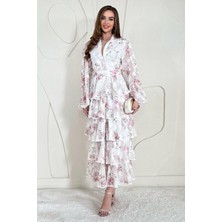 Elbee Fashion Woman Gül Volanlı Şeritli Kat Kat Elbise