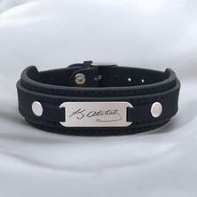 Erkeklere Özel Derili 925 Ayar Gümüş Plakalı Oval Motifli Sembol Bilekliği-421SEMBOL-Siyah