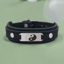 Erkeklere Özel Derili 925 Ayar Gümüş Plakalı Oval Motifli Sembol Bilekliği-421SEMBOL-Siyah