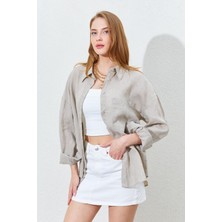 Kadın Naturel Tep Cepli Oversize Yüzde Yüz Keten Gömlek