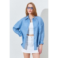 Kadın Bebe Mavi Tep Cepli Oversize Yüzde Yüz Keten Gömlek