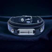 Erkeklere Özel 925 Ayar Gümüş Plakalı Derili Oval Motifli Sembol Bilekliği-421SEMBOL-Siyah