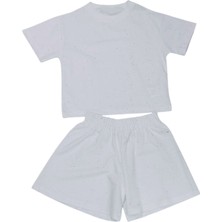 Kız Çocuk Kendinden Simli Beyaz Renk Şortlu Takım