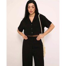 Lavida Butik Kadın Ceket Yaka Crop Düğmeli Pantolonu Cepli Alt-Üst Keten Takım
