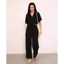 Lavida Butik Kadın Ceket Yaka Crop Düğmeli Pantolonu Cepli Alt-Üst Keten Takım