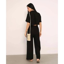 Lavida Butik Kadın Ceket Yaka Crop Düğmeli Pantolonu Cepli Alt-Üst Keten Takım