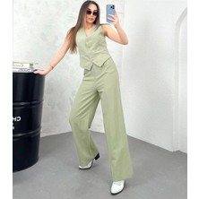 Lavida Butik Premium Yüksek Bel Bol Paça Pantolon Yelek Keten Takım
