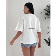 Lavida Butik Pamuklu Oversize Bisiklet Yaka Kısa Kol Vişne Baskılı Kadın Tshirt