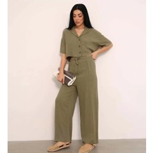 Lavida Butik Kadın Ceket Yaka Crop Düğmeli Pantolonu Cepli Alt-Üst Keten Takım