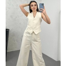 Lavida Butik Premium Yüksek Bel Bol Paça Pantolon Yelek Keten Takım