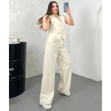 Lavida Butik Premium Yüksek Bel Bol Paça Pantolon Yelek Keten Takım